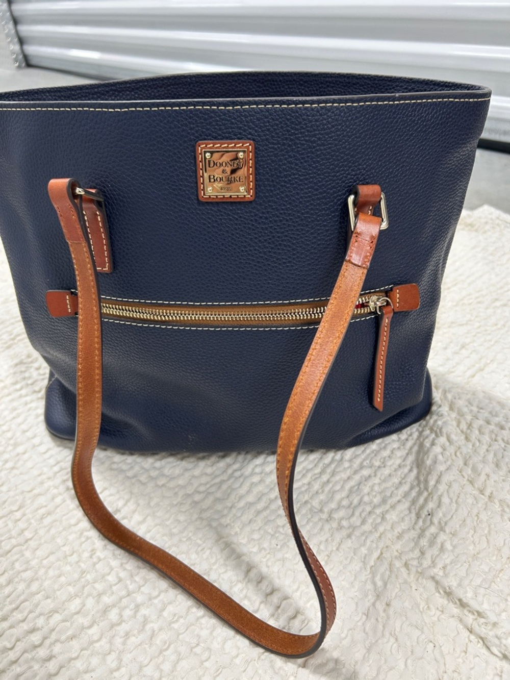 Dooney & Bourke Navy Leather Shoulder Tote with Tan Trim